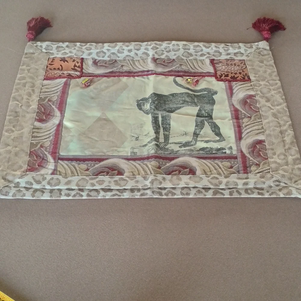 PILLOW SHAMS SET OF TWO WITH MONKEYS AND TASSELS BURGUNDY TAN LEOPARD PRINT